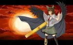  adapted_costume arm_cannon bird_wings black_legwear black_wings boots bow breasts brown_hair cape highres open_mouth pianna red_eyes reiuji_utsuho solo standing thigh-highs thighhighs third_eye touhou wallpaper weapon wings zettai_ryouiki 