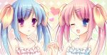  2girls blue_hair fang original pink_hair ringonotane twintails wink 
