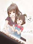  :d ^_^ age_difference akihisa201 brown_eyes closed_eyes family hair_bobbles hair_ornament instrument long_hair mother_and_daughter multiple_girls musical_note open_mouth overalls piano ponytail sakai_mahiru sakai_wakana short_hair short_ponytail smile spoken_musical_note tari_tari young 