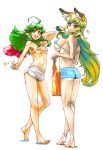  ahoge animal_ears ass back bare_shoulders barefoot bikini_top blonde_hair breasts green_eyes green_hair large_breasts legs long_hair looking_at_viewer looking_back multiple_girls navel open_mouth original pointy_ears short_shorts shorts sideboob simple_background tks_(chikuwa) v white_background 