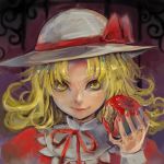  absurdres apple blonde_hair elly face food fruit hat hat_ribbon highres peninsula_(disappearedstump) puffy_sleeves ribbon short_hair smile solo touhou touhou_(pc-98) yellow_eyes 