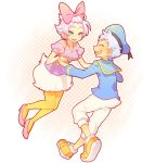  1girl adapted_costume beret bow bracelet closed_eyes daisy_duck disney donald_duck earrings eyes_closed hair_bow hand_holding hat high_heels holding_hands jewelry kiri_futoshi open_mouth pantyhose personification pink_eyes polka_dot sailor shoes smile sneakers white_hair yellow_legwear 