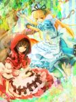  alice_(wonderland)_(cosplay) alice_in_wonderland black_hair blonde_hair braid cosplay da_qiao dress_shirt hair_ribbon little_red_riding_hood little_red_riding_hood_(cosplay) little_red_riding_hood_(grimm) long_hair nashinomiya red_eyes ribbon shin_sangoku_musou shin_sangoku_musou_6 shirt twin_braids wang_yuanji yellow_eyes 