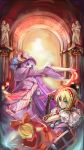  alice_margatroid blurry book boqboq capelet grimoire hairband highres multiple_girls outstretched_arm patchouli_knowledge pillar shanghai_doll string touhou 