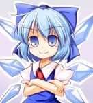  ascot baku_ph blue_background blue_eyes blue_hair bow bust cirno crossed_arms hair_bow ice ice_wings puffy_sleeves short_hair short_sleeves smile solo touhou wings wink 