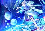 blue_eyes blue_hair flower hair_flower hair_ornament highres long_hair open_mouth original outstretched_arms satellite solo space space_craft star tenmaso thigh-highs thighhighs white_legwear 