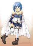  armband bare_shoulders belt blue_eyes blue_hair cape gloves highres maaya_(kareidogao) magical_girl mahou_shoujo_madoka_magica miki_sayaka short_hair sitting solo soul_gem thigh-highs thighhighs zettai_ryouiki 