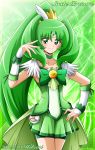  2012 bike_shorts choker cure_march dated dress green green_background green_dress green_eyes green_hair highres hikari_(hikari_no_kobako) long_hair magical_girl midorikawa_nao ponytail precure shorts_under_skirt skirt smile smile_precure! solo tiara title_drop tri_tails 