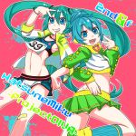  39 aqua_eyes aqua_hair bandaid character_name grin hatsune_miku hekopon long_hair midriff multiple_girls open_mouth project_diva project_diva_2nd project_diva_f skirt smile twintails v very_long_hair vocaloid 