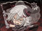  angry brown_eyes chain chains elbow_gloves fighting_stance flower gloves gothic_lolita hat kanna_asumi lolita_fashion magical_girl mahou_shoujo_madoka_magica mini_top_hat morning_star morning_star_(weapon) open_mouth ribbon rose rough shigeyama_mohachi short_hair silver_hair solo teeth top_hat vail weapon 
