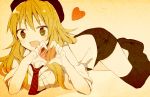  blonde_hair green_eyes hat heart heart_hands hoshii_miki idolmaster long_hair necktie open_mouth over-kneehighs rin_(royal) sepia smile solo 