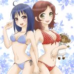  2girls bikini blue_hair bonba brown_eyes brown_hair female highres multiple_girls original short_hair stuffed_animal stuffed_toy swimsuit teddy_bear 