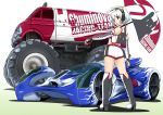  1girl blush boots bridal_gauntlets gustav_(telomere_na) headset highres looking_at_viewer looking_back midriff monster_truck original racecar racequeen red_eyes silver_hair solo umbrella 