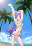  arm_up armpits beach bikini blue_eyes blue_hair cloud fresh_precure! lens_flare long_hair navel palm_tree precure purple_hair say_(sakabin) shiny shiny_skin side-tie_bikini sky smile stretch sun swimsuit tree very_long_hair wink 