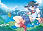  adapted_costume animal bird blue_hair blush boots cross-laced_footwear flying food fruit hat highres hinanawi_tenshi hot_air_balloon lake landscape long_hair midriff peach red_eyes scenic skirt solo soramuko touhou wink 