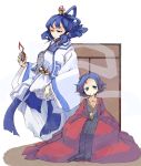  alternate_costume blue_eyes blue_hair daruia_(sabitare) empty_eyes flower hair_ornament hair_rings hair_stick highres japanese_clothes kaku_seiga long_sleeves miyako_yoshika multiple_girls no_hat no_headwear ofuda shawl short_hair smile touhou wide_sleeves 