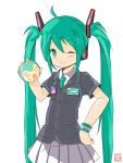  ahoge bracelet family_mart green_eyes green_hair hand_on_hip hatsune_miku headset highres hips jewelry kowiru long_hair name_tag necktie simple_background skirt smile solo twintails very_long_hair vocaloid white_background wink 