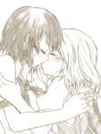  blush closed_eyes eyes_closed flandre_scarlet greyscale hug kiss misocha monochrome multiple_girls no_hat no_headwear pointy_ears shameimaru_aya short_hair short_sleeves side_ponytail sweatdrop touhou wings yuri 