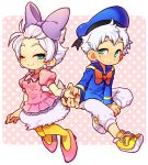  1girl adapted_costume beret blue_eyes bow bracelet daisy_duck disney donald_duck earrings hair_bow hat high_heels jewelry kiri_futoshi nail_polish pantyhose personification pink_eyes polka_dot sailor shoes smile sneakers white_hair wink yellow_legwear 
