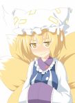  1girl blonde_hair blush fox_tail hands_in_sleeves hat long_sleeves multiple_tails oniku-chan short_hair simple_background smile solo sweatdrop tabard tail touhou white_background wide_sleeves yakumo_ran yellow_eyes 