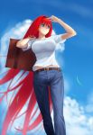  aozaki_aoko arm_up belt blue_eyes breasts hair_intakes impossible_clothes impossible_shirt jeans large_breasts long_hair red_hair redhead sky smile solo suitcase t-shirt tsukihime tsukikanade very_long_hair 