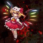  ascot asyura7 blonde_hair fang flandre_scarlet hat hat_ribbon laevatein puffy_sleeves red_eyes ribbon short_sleeves side_ponytail smile solo standing touhou weapon wings 