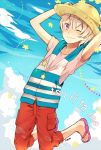  arm_behind_head arms_up barefoot blonde_hair blush casual cloud clouds hand_on_hat haru_(tsuritama) hat male open_mouth purple_eyes purple_hair sandals sheepstar short_hair sky smile solo star straw_hat title_drop tsuritama vest wink 