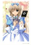  absurdres ace apron bible_of_silver_cross blue_eyes blush book bow brown_hair card cross dress hair_bow hair_ribbon heart higa_yukari highres holding holding_card lily_strosek long_hair lyrical_nanoha mahou_senki_lyrical_nanoha_force playing_card puffy_sleeves ribbon smile solo wink 