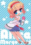  alice_margatroid alternate_costume bad_id blonde_hair blue_eyes blush food hairband ice_cream long_sleeves marshmallow_mille off_shoulder open_mouth sash short_hair solo touhou 