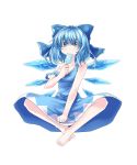  barefoot blue_eyes blue_hair bow cirno clenched_hands dawadawa_dawasa fang hair_bow highres ice ice_wings off_shoulder popsicle short_hair sitting solo strap_slip touhou white_background wings 