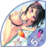  absurdres bare_legs bare_shoulders barefoot bikini black_hair blush breasts cleavage collarbone dutch_angle frilled_bikini frills highres kantoku long_hair lying navel on_side original plaid plaid_bikini purple_eyes shizuku_(kantoku) smile solo swimsuit thigh_gap violet_eyes 