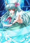  aqua_hair bamboo collarbone dress ex-keine fingernails highres horn_ribbon horns kamishirasawa_keine long_hair looking_at_viewer moneti_(daifuku) open_mouth outstretched_arm red_eyes ribbon sharp_fingernails sharp_nails solo touhou 