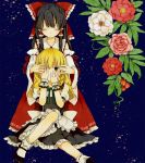  akanonasu black_hair blonde_hair bow closed_eyes covering_face detached_sleeves eyes_closed flower hair_bow hair_tubes hakurei_reimu kirisame_marisa long_hair looking_at_viewer multiple_girls touhou wrist_cuffs yellow_eyes 