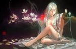  bad_id barefoot blue_eyes bow breasts feet flower mou-s no_arms original ribbon white_hair 