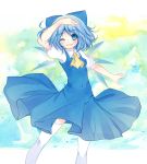  ascot bad_id blue_eyes blue_hair blush bow cirno hair_bow ice ice_wings odero open_mouth puffy_sleeves shiroru_(mousou_romance) short_hair short_sleeves smile solo thighhighs touhou white_legwear wings wink zettai_ryouiki 