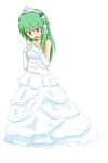  alternate_costume blush dress frog_hair_ornament green_eyes green_hair hair_ornament highres jewelry kochiya_sanae long_hair necklace nervous open_mouth simple_background solo tiara touhou wedding_dress white_background white_dress 