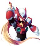  android blonde_hair blue_eyes bust helmet highres long_hair male robot rockman rockman_x simple_background solo steelleets sword very_long_hair weapon white_background zero_(rockman) 