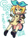  artist_name blonde_hair bow cat fang green_eyes hair_bow holding kagamine_rin midriff open_mouth outline paw_print sandals short_hair shorts smile text ulogbe vocaloid white_background 