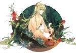  absurdres cat enkidu_(fate/strange_fake) fate/strange_fake fate_(series) flower green_eyes green_hair highres hooves horns kkkkilth long_hair male monster_boy nude solo 