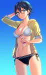  arm_behind_head bikini black_hair breasts cleavage drink glasses hoodie hunter_x_hunter jacket looking_at_viewer navel open_clothes open_jacket shizuku_(hunter_x_hunter) short_hair side-tie_bikini sleeves_rolled_up solo straw striped striped_bikini striped_swimsuit swimsuit swimsuit_under_clothes takase_(harakiri) 