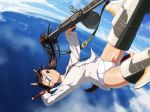  animal_ears black_hair brown_eyes cat_ears drum_magazine eyepatch falling gun holding katana legs m-ya machine_gun sakamoto_mio school_swimsuit sheath sky solo strike_witches striker_unit swimsuit swimsuit_under_clothes sword type_99_cannon unsheathing weapon weapon_request white_swimsuit 