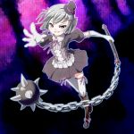  boots chain chains dress elbow_gloves gloves hair_ribbon hat kanna_asumi karukan_(carucan) magical_girl mahou_shoujo_madoka_magica mini_top_hat morning_star morning_star_(weapon) purple_eyes reaching ribbon short_hair silver_hair skirt smirk solo spike spikes thigh-highs thighhighs top_hat violet_eyes weapon white_legwear zettai_ryouiki 