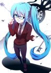  aqua_eyes aqua_hair bespectacled foreshortening fusuma_(not_found) glasses hatsune_miku key long_hair necktie pants perspective solo twintails very_long_hair vocaloid wink 