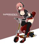  bad_id bandage bandages bandaid blush breasts cleavage headphones highres motor_vehicle nitroplus open_mouth pink_hair red_eyes scooter short_shorts shorts simple_background solo star super_sonico thigh-highs thighhighs vehicle yajirushi_kaku 