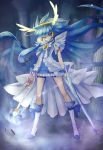  1girl aoki_reika bike_shorts blue_eyes blue_hair boots column cure_beauty dual_wielding hair_tubes head_wings highres ice_sword long_hair pillar precure ryuuama smile_precure! solo standing sword tiara very_long_hair weapon 