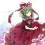  blush front_ponytail green_eyes green_hair hair_ribbon kagiyama_hina long_skirt looking_at_viewer marotti petals ribbon shirt skirt skirt_hold solo touhou 