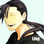  :d ^_^ bak black_hair character_name closed_eyes eyes_closed fullmetal_alchemist ling_yao long_hair male open_mouth ponytail smile solo teeth 