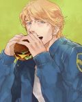  blonde_hair blue_eyes blue_jacket bomber_jacket eating food hamburger jacket keith_goodman male short_hair solo suzuki_tsuta tiger_&amp;_bunny 