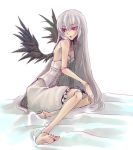  bare_shoulders barefoot black_wings bloomers bustier doll_joints feathered_wings long_hair looking_back parted_lips purple_eyes rozen_maiden silver_hair sitting suigintou very_long_hair violet_eyes white_background wings yokozuwari 