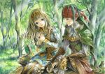  1girl acrylic_paint_(medium) alicia_(valkyrie_profile_2) blonde_hair blue_eyes boots bridal_gauntlets forest green_hair hair_ornament hairband headband jewelry long_hair nature palms_together ring rufus sitting smile sunbeam sunlight thigh-highs thigh_boots thighhighs toyoda_izumi traditional_media tree valkyrie_profile valkyrie_profile_2 